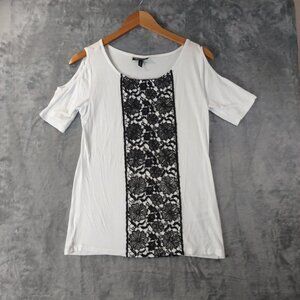 Allison Brittney S Cold Shoulder Women White Top Black Floral Lace Chic Stylish‎